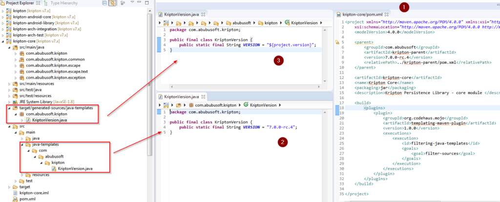 Maven: how to put in a Java source project version defined pom.xml Abubusoft